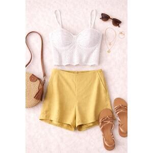 NWT Re:Named Women's Linen Blend High Rise Flat Front Shorts Mustard Size S